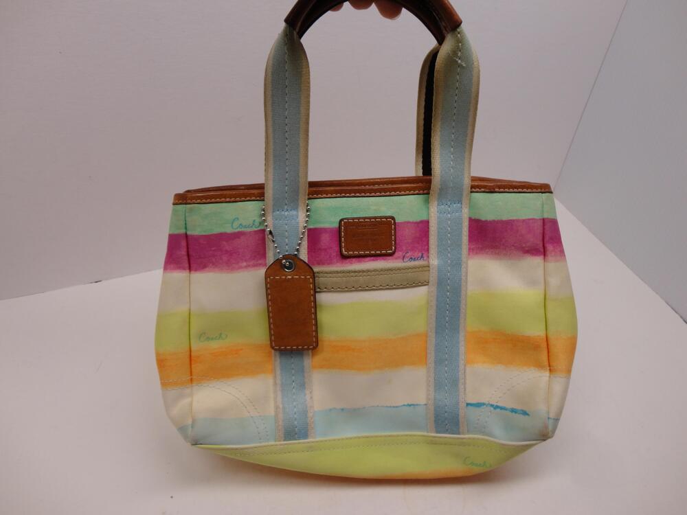 Coach Tote Bag Womens Small Multicolor Stripe Canvas Leather Shoulder Purse